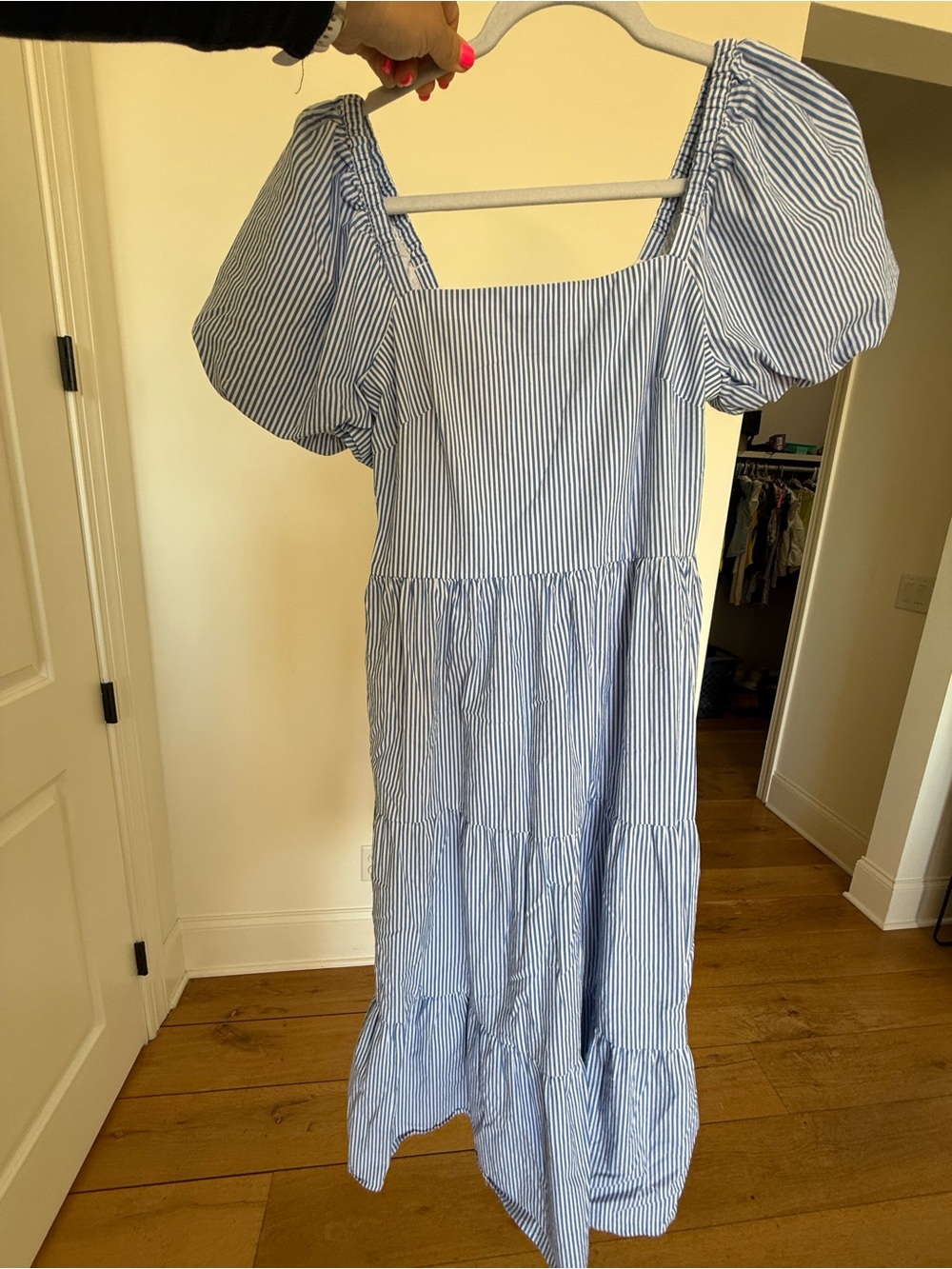 J. Crew Blue and White Striped Maxi Dress with Puff Sleeves